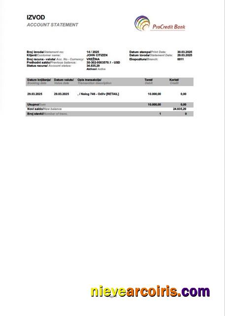 Slovenia ProCredit bank account statement Word and PDF
